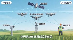 空天地"一体化监测体系示意图,上层卫星、中层无人机编队、下层地面AI摄像头和巡逻人员,线条连接形成覆盖大地的天网,体现立体化智能防控