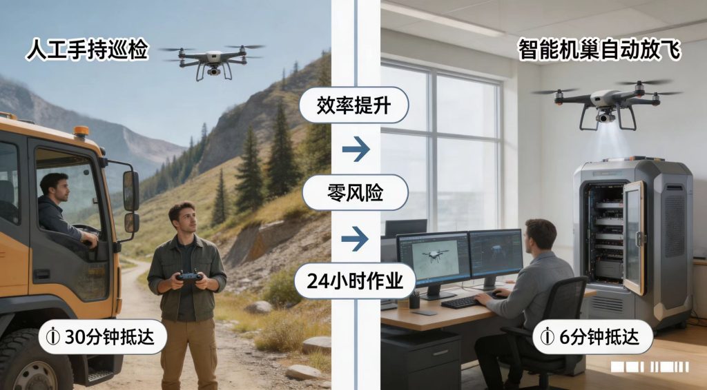 人工手持无人机巡检与智能机巢巡检的对比图,左侧人工需2人组、30分钟抵达,右侧机巢6分钟抵达、24小时自动作业