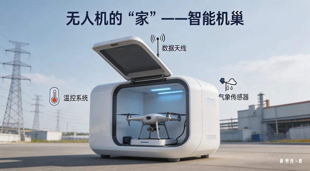 无人机机巢外观与内部功能示意图,展示自动起降、智能充电、数据回传、温控系统及气象传感器